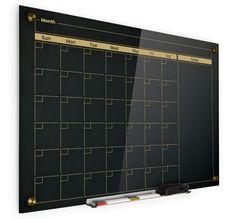 a black and gold magnetic dry eraser calendar on a white background with clippings