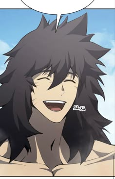 an anime character with long black hair and no shirt on, smiling at the camera