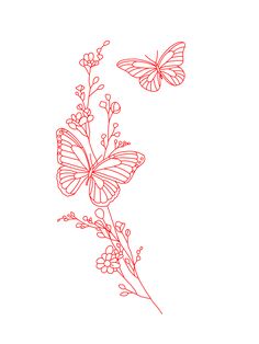 two butterflies flying next to each other on top of a white background with red ink