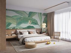 a bedroom with a large painting on the wall