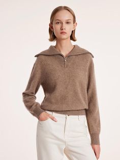 Pure Cashmere Zippered Lapel Women Sweater Cashmere Zip Sweater, Short Design, Cashmere Fabric, Cashmere Sweater Women, Body Proportions, Easy Style, Women Sweater, Dark Beige, Designer Shorts