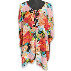 Brand-New With Tags On Very Sheer Overlay Blouse Tassle-Ties No Tag Casual Multicolor Print Blouse For Vacation, Tropical Style Beach Cover-up Tops For Spring, Spring Tropical Beach Cover-up Tops, Casual Multicolor Blouse For Beach, Casual Multicolor Blouse For The Beach, Summer Multicolor Print Tops For Vacation, Beach V-neck Blouse With Multicolor Print, Floral Print Tops For Vacation Day Out, Flowy Vibrant Print Tops For Vacation