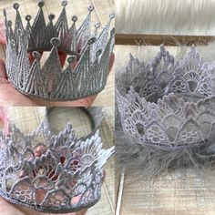 three pictures of silver crowns with lace on them, one is being held up by someone's hand