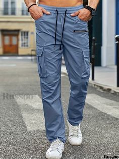 Russoo - Mens Contemporary Solid Cargo Pants: Versatile Multi-Pocket Trousers for Casual and Outdoor Wear, Ideal for Work and Streetwear Enthusiasts Casual Blue Pants With Flap Pockets, Outdoor Blue Pants With Pockets, Pocket Pattern, Clean Style, Outdoor Wear, Hip Hop Fashion, Flap Pocket, Drawstring Waist, Cargo Pants