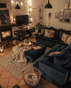 a living room filled with furniture and lights