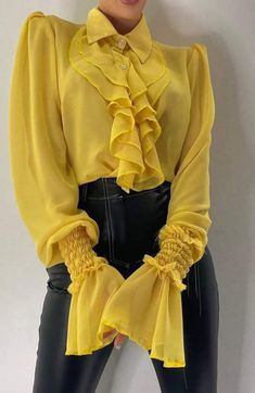 Fashion shirt with playful design Luxury Yellow Blouse For Daywear, Long Sleeve Ruffled Top For Office, Long Sleeve Ruffle Top For Office, Yellow Spring Office Tops, Ruffled Long Sleeve Top For Office, Yellow Summer Office Tops, Fitted Yellow Top For Office, Summer Party Shirt With Ruffles, Yellow Fitted Top For Office