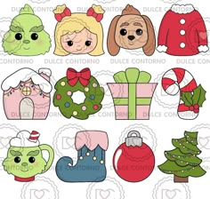 christmas cut outs with dogs, presents and other holiday items on it's side