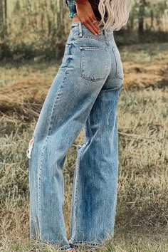 Vintage Washed Ripped Wide Leg Jeans Casual Wear Jeans, Cute Easy Outfits For School, Ripped Wide Leg Jeans, Casual Country Outfits, Southern Outfits, Western Wear Outfits, Cute Country Outfits, Looks Country, Western Style Outfits