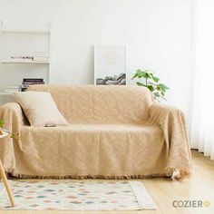 a living room with a couch covered in a tan blanket and some potted plants