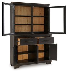 an open cabinet with two doors and drawers