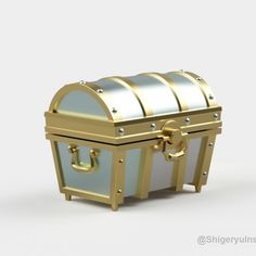 a gold and white chest is shown with the lid open