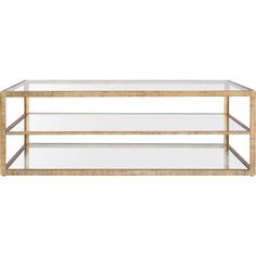 a gold and glass coffee table with two shelves on each side, against a white background