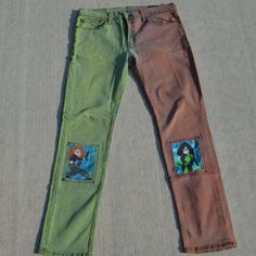 Kim Possible Dyed Jeans From Spacejunk Size 34x34 Levi Jeans Half/Half Reverse Pink And Green Dye Kim Possible Patches On Front And Back Legs Message Me With Any Questions Kim Possible, Levis Men, Levis Jeans, Mens Jeans, Levi Jeans, Pink And Green, Man Shop, Green, Pink