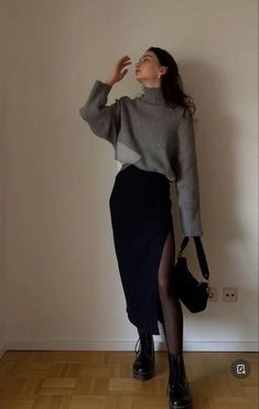 Stylish Outfits 2023 Winter, Doc Martin And Skirt Outfit, Bday Outfit Ideas Casual Winter, Winter Style 2023/2024, Style Long Dress Winter, Relaxed Professional Outfits Women, Buisness Casual Women Outfits Chic Fall, Long Black Skirt With Sweater, Classy Every Day Outfits