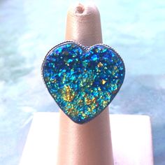 New! Large, Heart Shaped, Blue Druzy, Ring! Sz.6 Handmade Blue Heart Ring, Handmade Blue Heart Shaped Ring, Handmade Blue Heart Ring Gift, Handmade Blue Heart Ring For Gift, Blue Adjustable Heart Ring, Adjustable Blue Heart Ring, Unique Blue Jewelry For Valentine's Day, Rubellite Ring, I Love You Ring