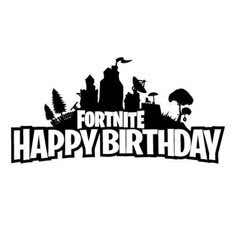 the fortie happy birthday logo is shown in black and white with trees, buildings, and umbrellas