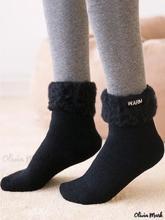 Olivia Mark - Cultivated Collection: Premium Brushed Cotton Mid-calf Socks with Exquisite Embroidered Lettering (1 Pair) Black Warm Socks, Text Letters, Fur Pattern, Embroidered Lettering, Over The Calf Socks, Types Of Lettering, Calf Socks, Brushed Cotton, Lettering Design