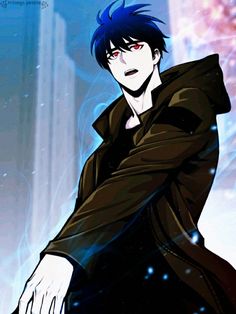 an anime character with blue hair and black clothes