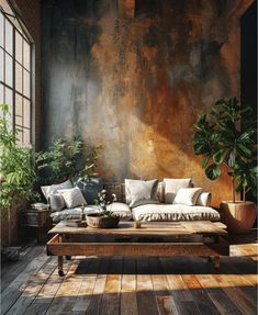 a living room filled with furniture and potted plants