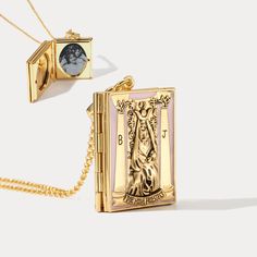 This exquisite Tarot Locket Necklace embodies a sense of high fashion, luxury, and sophistication. Crafted from brass and enamel, it's sure to be a statement piece you'll love to show off. Hang it out for all to admire and enjoy its artistry and spiritual symbolism. Treat yourself to this special piece of jewelry and let the High Priestess guide your destiny. DETAILS Plating: 18K Gold Materials: 18K Gold on Brass, Enamel Necklace Length: Adjustable, 29.52"(75cm) Weight: 32.82g Hypoallergenic des Tarot Jewelry, Mermaid Pendant Necklace, Brass Pendant Necklace, The High Priestess, Astrology Jewelry, Cat Pendant Necklace, Mermaid Pendant, High Priestess, Talisman Necklace