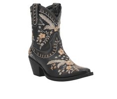 Durable Leather upper, Pull on entry with pull straps, Approx 2 1/2 inch heel height, Almond toe shape, Hinged insole construction for flexibility, Garman outsole, Embroidered details for added fashion | Women's Dingo Boot Primrose Cowboy Boot in Black Size 8.5 Medium Floral Embroidered Boots For Spring Festival, Floral Embroidery Boots For Spring Festival, Bohemian Round Toe Boots With Floral Print, Bohemian Floral Print Round Toe Boots, Spring Festival Boots With Round Toe, Bohemian Boots With Floral Embroidery For Fall, Bohemian Style Boots For Spring, Embroidered Western Boots For Summer, Western Embroidered Boots For Summer