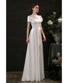 Get 10% off now! Buy elegant lace high neck slim long satin wedding dress modest with short sleeves at wholesale price online. Free shipping and pro custom service since 2009. Short Sleeve Satin Wedding Gown, Short Sleeve Wedding Gown With Sweep Train, Short Sleeve Gown With Sweep Train For Wedding, Elegant White Short Sleeve Wedding Dress, Wedding Gown With Short Sleeves And Fitted Design, Fitted Short Sleeve Wedding Gown, Short Sleeve Gown With Lace Bodice For Wedding, White Dress Modest, Highschool Graduation Dresses