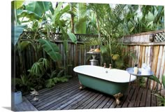 a bath tub sitting on top of a wooden floor next to a lush green plant