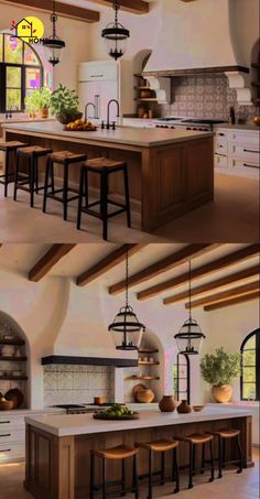 three different views of a kitchen island with stools