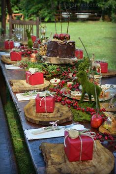 a long table with cakes and candles on it in the middle of an outdoor setting