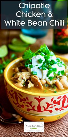 a yellow bowl filled with chicken and white bean chili