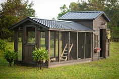 a chicken coop with a ladder to the roof and windows on it's side