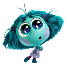 a cartoon character with blue hair and big eyes