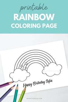 the printable rainbow coloring page is shown with colored pencils and markers on it