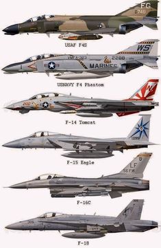 four fighter jets are shown in different positions, with the names on each jet side by side