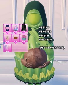 an animated image of a woman in a green dress holding a ball with other items around her