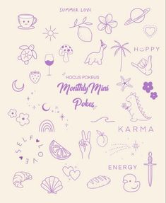 the back side of a poster with many different things in purple ink on white paper