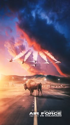 an advertisement for the air force showing two airplanes flying over a bison on a road