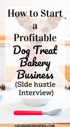 a dog sitting in front of a bowl with the words how to start a proffiable dog treat business side hustle interview