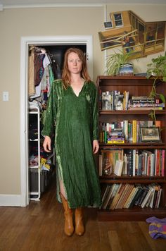 Vintage green tunic dress  MATERIAL velvet  MAKER no label   CONDITION ok vintage condition  hem is torn around the neckline  SIZE small to mediu  check measurements as vintage sizes are different from today double measurements for exact size no stretch to the material  shoulder 17 in. pits 21 in. waist 21 in.   hips 22 in. length 47 in. arm inseam 16 in. model is 5'6'' bust 33in. waist 27in hips 35in. wears a dress size 3/4 SHIPPING: standard priority shipped with tracking number included we sh Green Long-sleeved Velvet Dress, Green Tunic Dress, Velvet Tunic, Green Tunic, Crushed Velvet, Dress Material, Lake City, Salt Lake City, Dress Clothes For Women