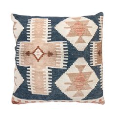 a blue, pink and white pillow with geometric designs on the front cover is shown