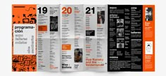 an orange and black brochure is open to show information