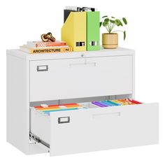 an office file cabinet with two drawers and books on top of the filing cabinets are open