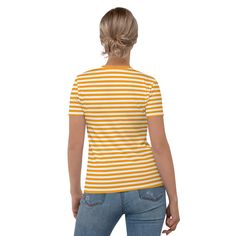 This Orange And White Striped Women's T-shirt is a trendy and stylish addition to any wardrobe. Made from a blend of 95% polyester and 5% elastane, it offers a comfortable and stretchy fit that hugs your curves in all the right places. The vibrant orange and white stripes add a pop of color to your outfit, making it perfect for both casual and dressier occasions. With its regular fit, this t-shirt is versatile and can be paired with jeans, shorts, or skirts for a chic and effortless look. Whether you're heading out for a day of shopping or meeting up with friends, this t-shirt is a must-have for any fashion-forward woman. See more striped clothing + FEATURES + 95% polyester, 5% elastane (fabric composition may vary by 1%) Premium knit mid-weight jersey Four-way stretch fabric that stretche Fitted Short Sleeve Jersey T-shirt, Casual Jersey Tops, Summer Jersey Crew Neck Top, Summer Striped Stretch T-shirt, Striped Stretch T-shirt For Summer, Jersey Short Sleeve Summer Top, Striped Stretch Short Sleeve T-shirt, Short Sleeve Jersey Top For Summer, Stretch Striped Short Sleeve T-shirt