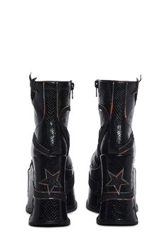 These platform boots have a vegan leather construction with a snake-patterned design, glitter star appliqués throughout with a swirled pattern, and side zipper closures. Bedazzled Boots, Rave Boots, Pink Club, So It Goes, Black Platform Boots, Faux Fur Boots, Bike Bag, Rave Festival, Glitter Stars