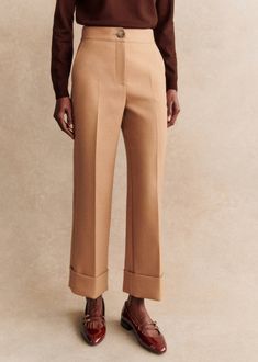 Ankle-length trousers;Turn-up hems;Slant pockets and faux welt pockets with button on back;Defined front and back pleats;Zip and button fastening;Inside leg length 69 cm / 27.2 in (for a 36) Straight Leg Trousers, Parisian Style, Trouser Jeans, Beautiful Outfits, Ankle Length, Work Outfit, Camel, Shopping Outfit, Autumn Fashion