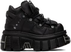 High-top buffed leather sneakers in black. Signature hardware throughout. · Lace-up closure · Padded tongue and collar · Perforated detailing at sides · Rubberized pull-tab at heel collar · Buffed pigskin lining · Logo hardware at textured rubber platform midsole · Treaded rubber outsole · Logo-engraved gunmetal-tone hardware · Platform: H2 in · Heel: H3 in Part of the VETEMENTS X New Rock collaboration. Supplier color: Black Western Gothic, New Rock Boots, Plateau Sneaker, Leather Motorcycle Boots, Rock Boots, Gothic Boots, Closet Shoes, Punk Boots, Black Platform Shoes