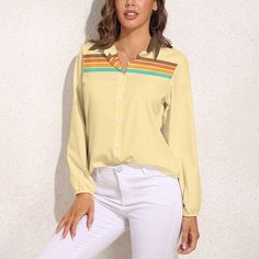 • Embrace the 70s with our 70s Style Top Women, a chic addition to your retro wardrobe.• This Beige Retro Stripe Top Women features a unique upper chest retro stripe print pattern in orange, brown, yellow, and turquoise.• Made from 100% polyester, this Vintage Style Blouse offers comfort and durability.• With its solid contrasting brown collar and elastic cuffs balloon sleeves, this Retro Top Women exudes vintage charm and style.Designed in California by Trendy Hip buys. Handmade to order from. overseas.100% polyester. Stripe Print Pattern, Women 70s, Vintage Style Blouses, 1940s Fashion Dresses, Retro Wardrobe, Vintage Inspired Shoes, 70s Blouse, 1950s Fashion Dresses, Yellow And Turquoise