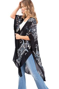 Printed lightweight cardigan, with split on sides and an open front style with an asymmetrical length. Dropped?sleeves and sheer fabric. Looks great layered over casual outfits. CARE | Hand Wash ColdCONTENTS | 100% ViscoseMEASUREMENTS | 38"/96 cm Top to Bottom (Size O/S) MODEL | 5'8 - wearing O/SIMPORTED V-neck Outerwear For Beach Cover-up In Spring, V-neck Beach Cover-up Outerwear For Spring, Casual Open Front Beach Cover-up Outerwear, Chic Spring Layering Cover-up, Casual Fall Cover-up For Layering, Casual Wrap Cardigan For Beach Cover-up, Long Sleeve Summer Layering Cover-up, Flowy Casual Cardigan, Summer Casual Cover-up For Layering