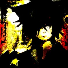 an abstract painting of a woman with long hair and eyes closed, in black and yellow tones