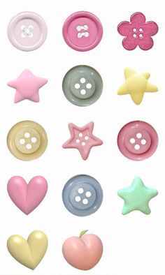 several different types of buttons with hearts, stars and other things in the bottom right corner